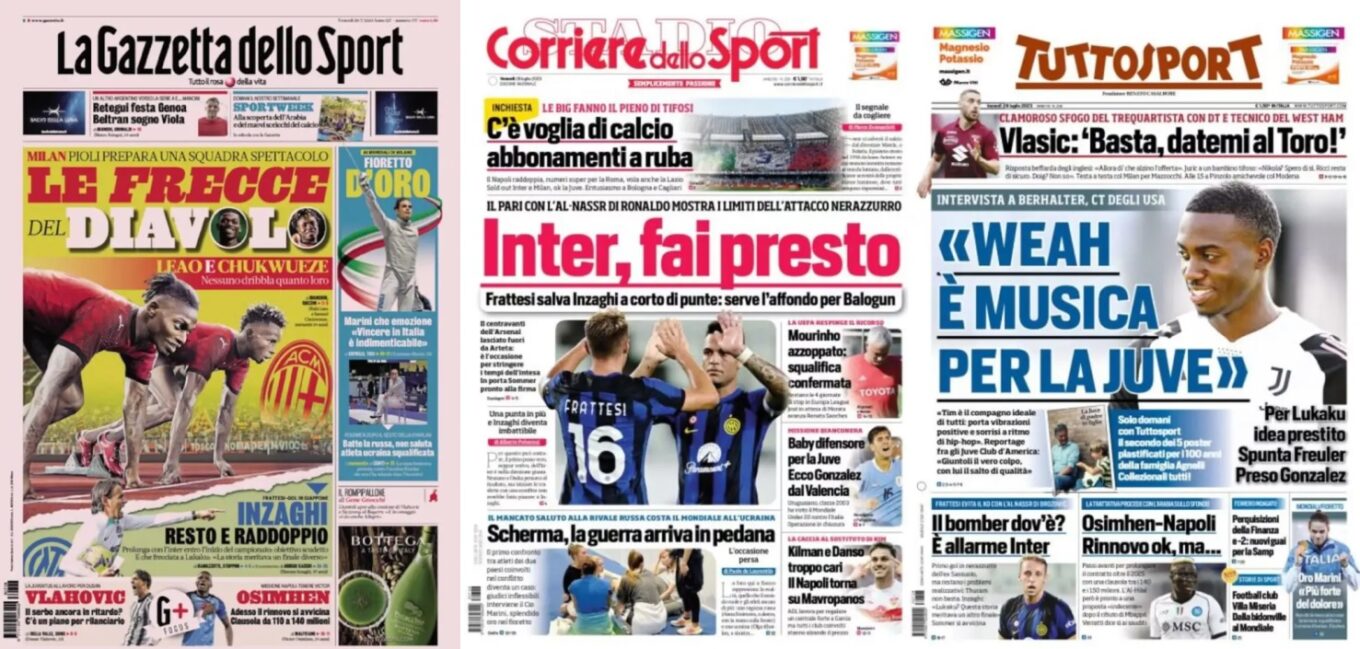 Piatkowe Okladki Wloskiej Prasy Sportowej Frattesi Ratuje Inter Nerazzurri Potrzebuja Napastnika
