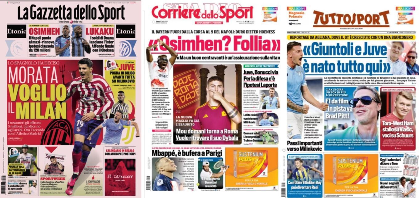 Piatkowe Okladki Wloskiej Prasy Sportowej Morata Chce Do Milanu Cena Za Osimhena To Szalenstwo