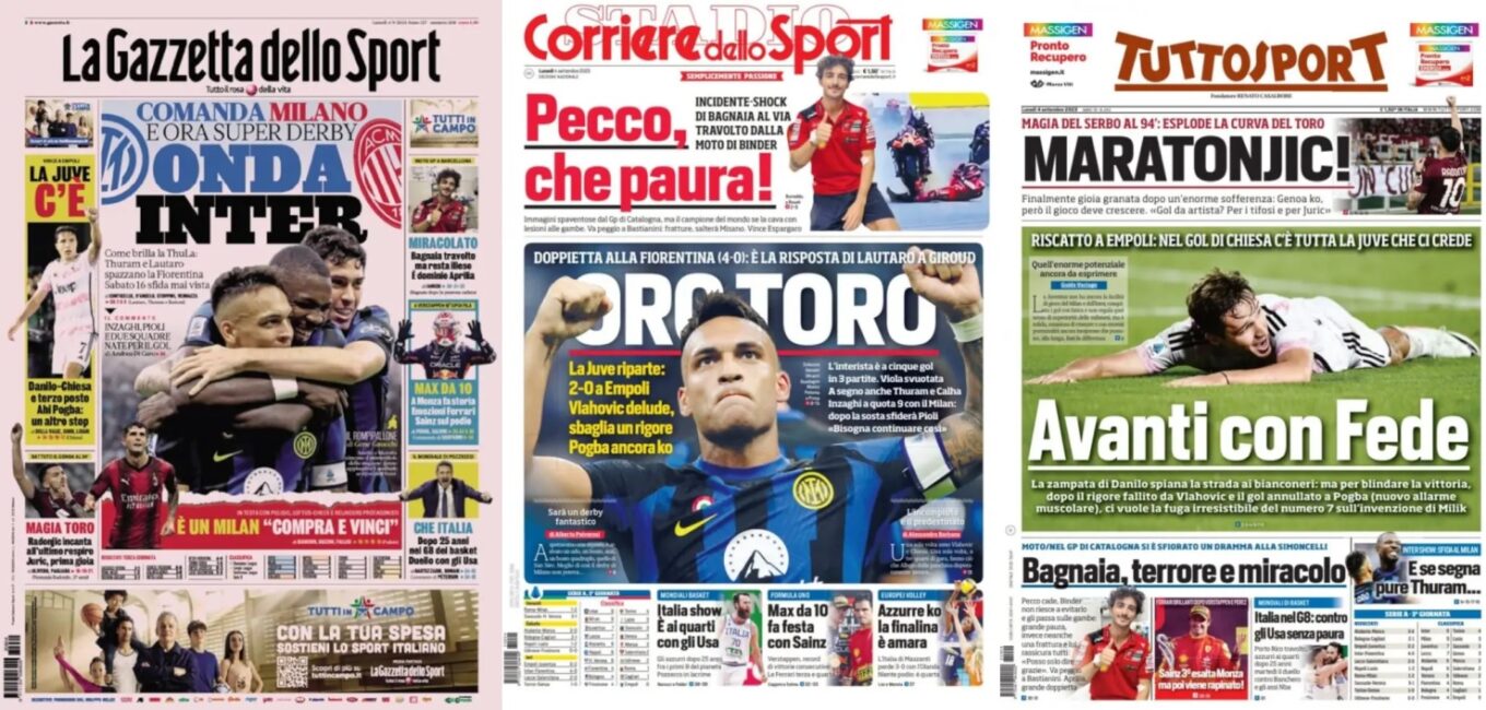 Poniedzialkowe Okladki Wloskiej Prasy Sportowej Inter Na Fali Torino Nareszcie Wygrywa