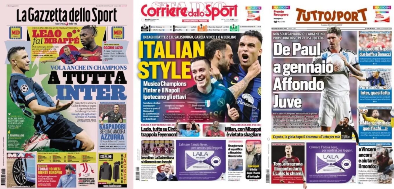 Srodowe Okladki Wloskiej Prasy Sportowej Inter I Napoli Coraz Blizej Rundy Pucharowej Ligi Mistrzow