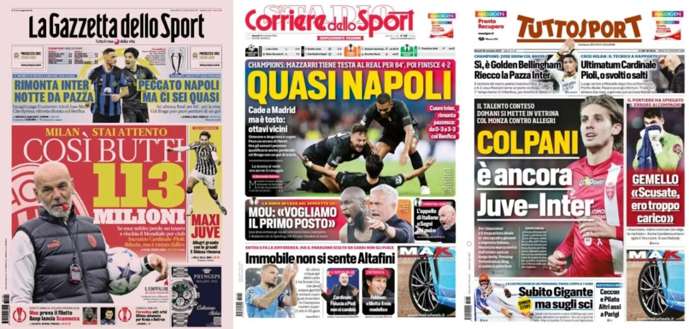 Czwartkowe Okladki Wloskiej Prasy Sportowej Napoli Przegrywa W Madrycie Szalony Powrot Interu