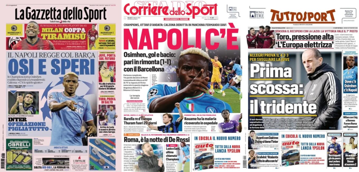 Czwartkowe Okladki Wloskiej Prasy Sportowej Osi Daje Nadzieje Remis Napoli Z Barcelona
